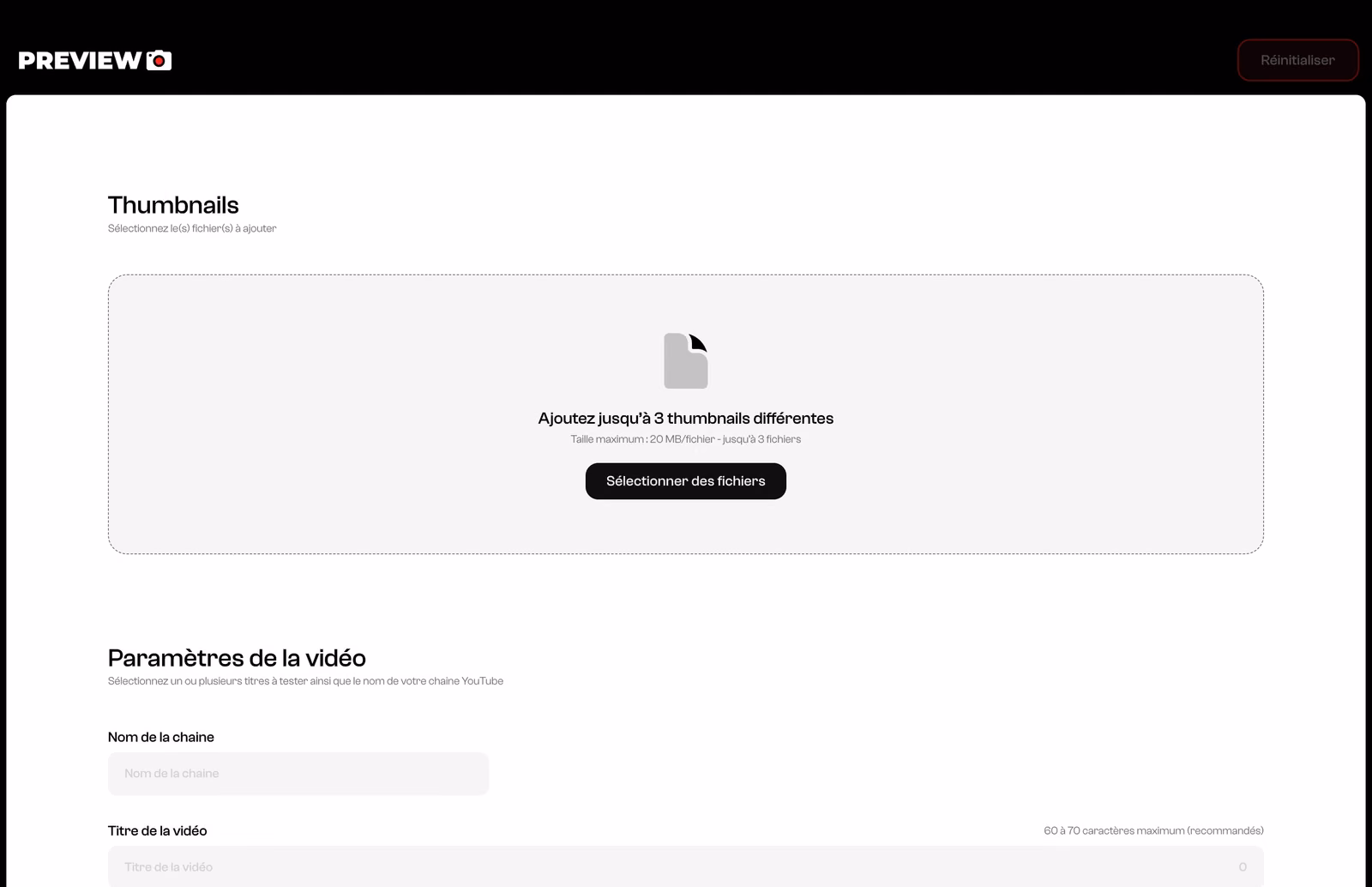 Interface de Previewapp.io : zone de dépôt de vignettes YouTube et champs de paramètres de la vidéo