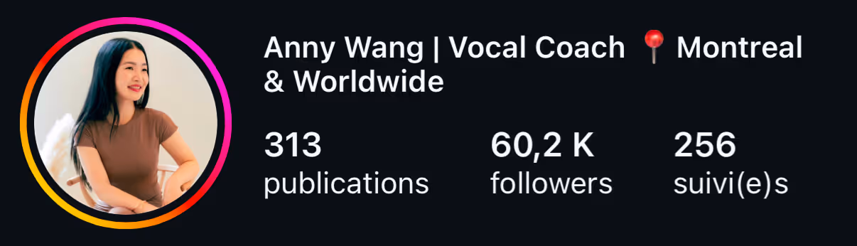 Profil Instagram d'Anny Wang : 313 publications, 60,2 K abonnés