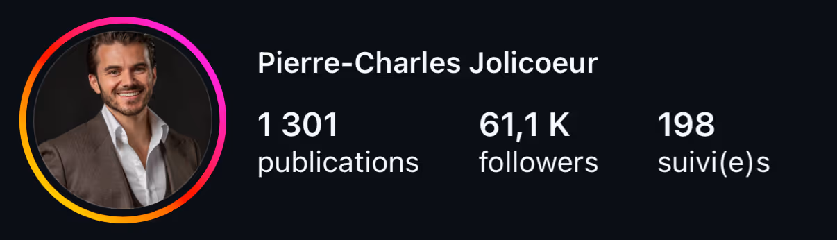 Profil Instagram de Pierre-Charles Jolicoeur : 1 301 publications, 61,1 K abonnés