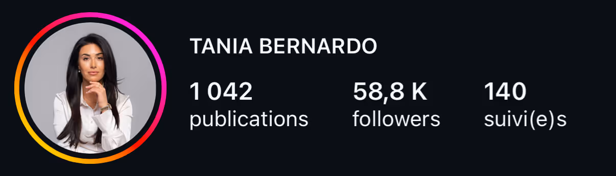 Profil Instagram de Tania Bernardo : 1 042 publications, 58,8 K abonnés